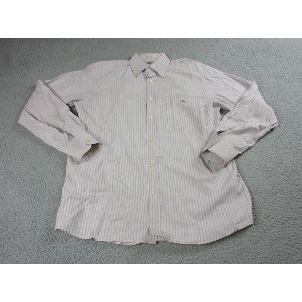 Lacoste Shirt Mens 40 Pink Stripes Button Up Preppy Crocodile Logo Pocket